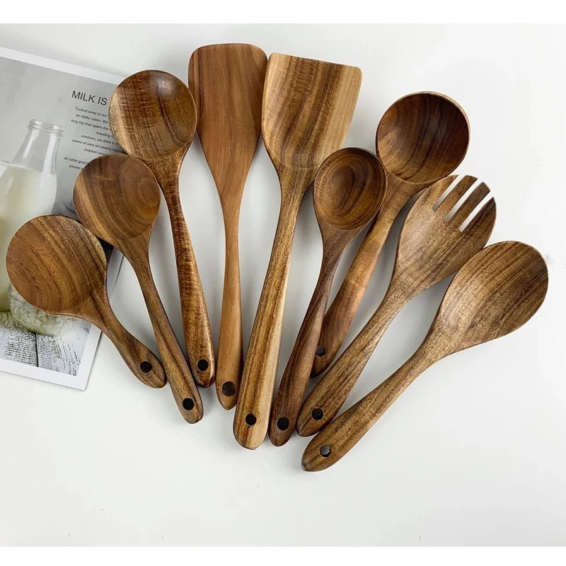 Teakholz Kochutensilien Set 1– 9-teilig, Nachhaltig & Umweltfreundlich