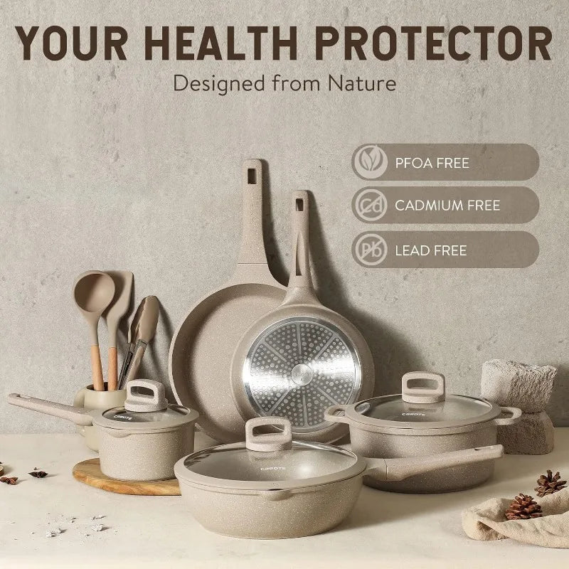 Carote 11-teiliges Anti Haft Kochgeschirr-Set – Taupe Granit, Stapelbar und Induktionsgeeignet
