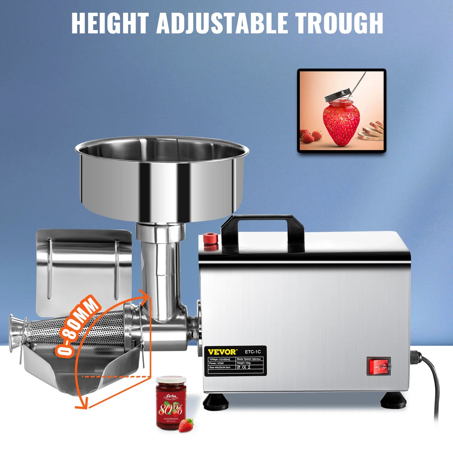 VEVOR Elektrische Fruchtpresse 370W | Edelstahl, Große Trichter für Ketchup & Marmeladen