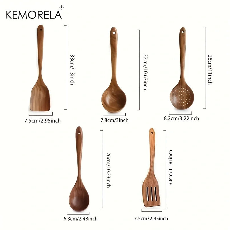 Teakholz Kochutensilien-Set (5-teilig) – KEMORELA | Nachhaltig & robust