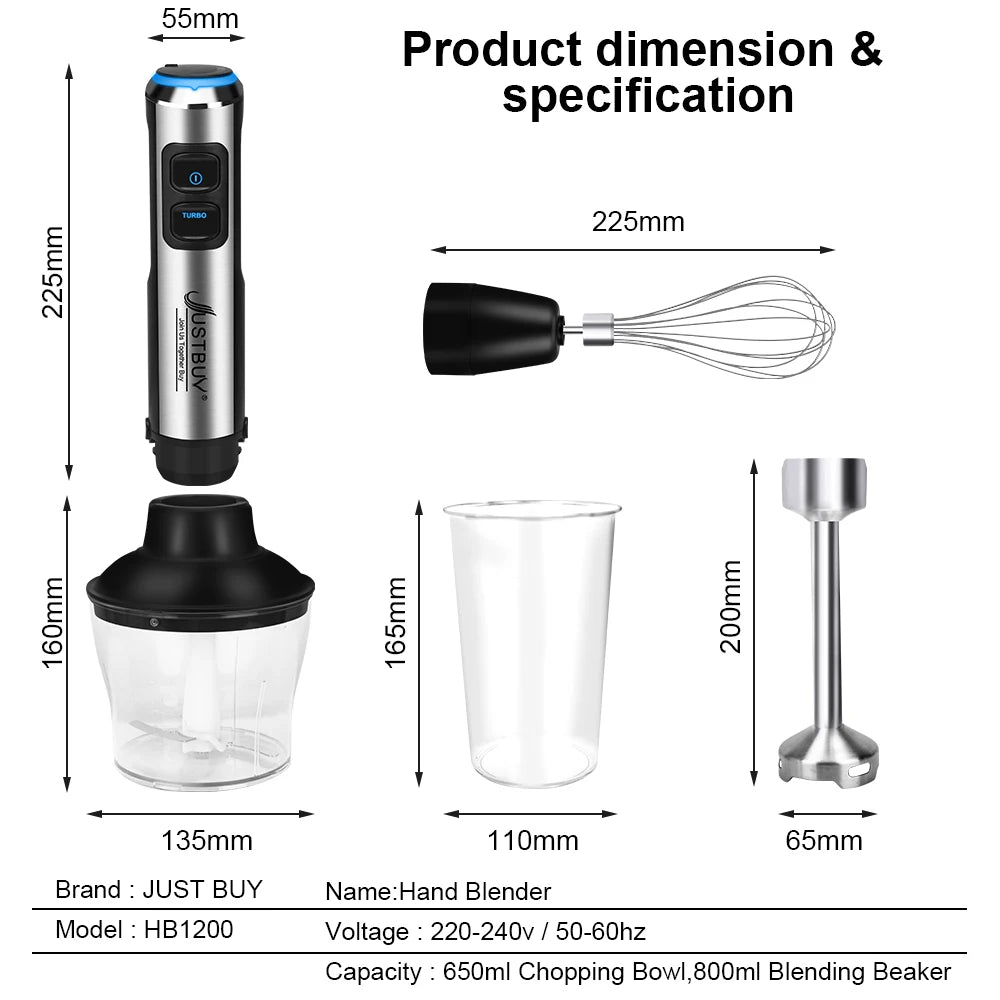 JUST BUY Edelstahl Stabmixer 1500W – Handmixer mit Turbo-Modus & stufenloser Geschwindigkeitsregelung