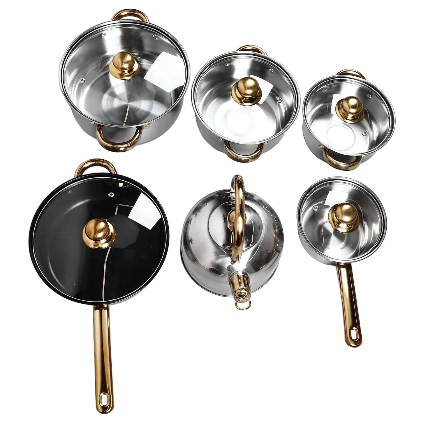 Elegantes Edelstahl-Kochgeschirr Set 12-teilig mit Goldgriffen