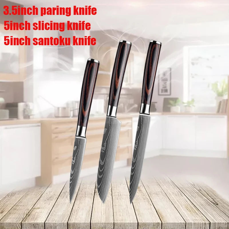 3-teiliges Küchenmesserset aus 7CR17-Edelstahl – Santoku, Cleaver & Utility Messer