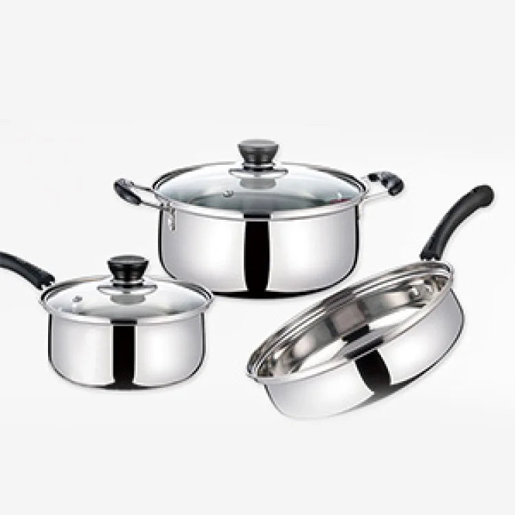 Edelstahl Kochgeschirr Set 3-teilig – KATA Bratpfanne, Schnellkochtopf & Suppentöpfe