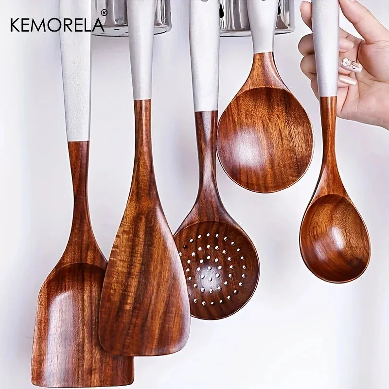 Thailändische Holzlöffel Set 7 Teile – Antihaft Löffel mit Ergonomischen Griffen