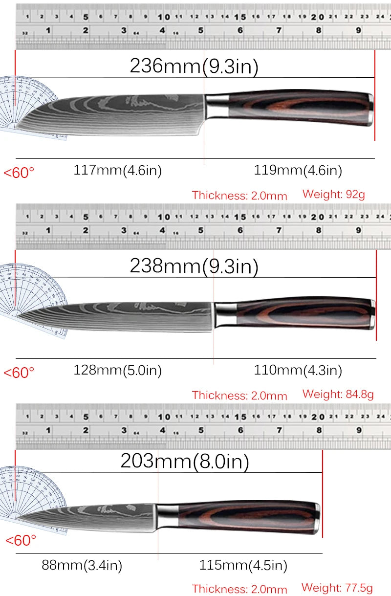 3-teiliges Küchenmesserset aus 7CR17-Edelstahl – Santoku, Cleaver & Utility Messer
