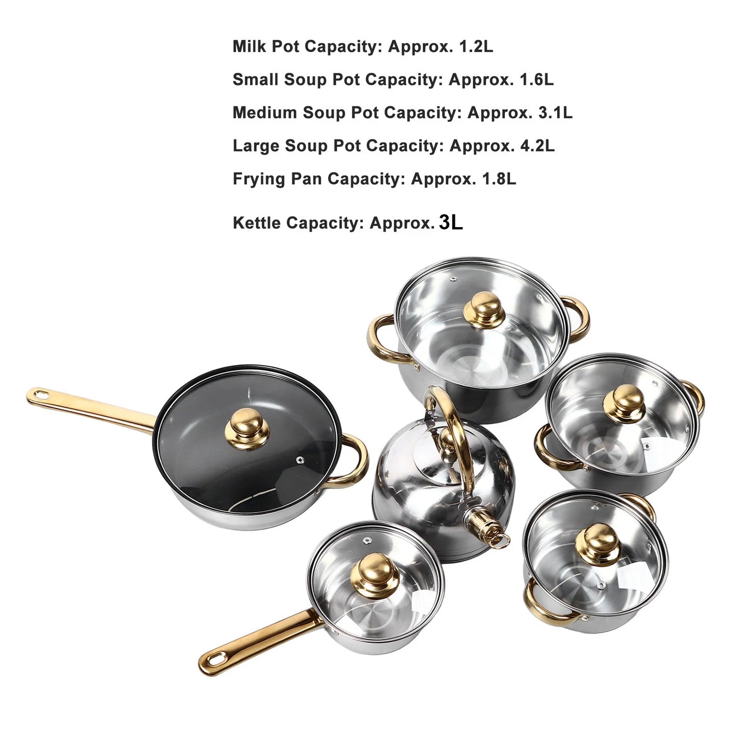Elegantes Edelstahl-Kochgeschirr Set 12-teilig mit Goldgriffen