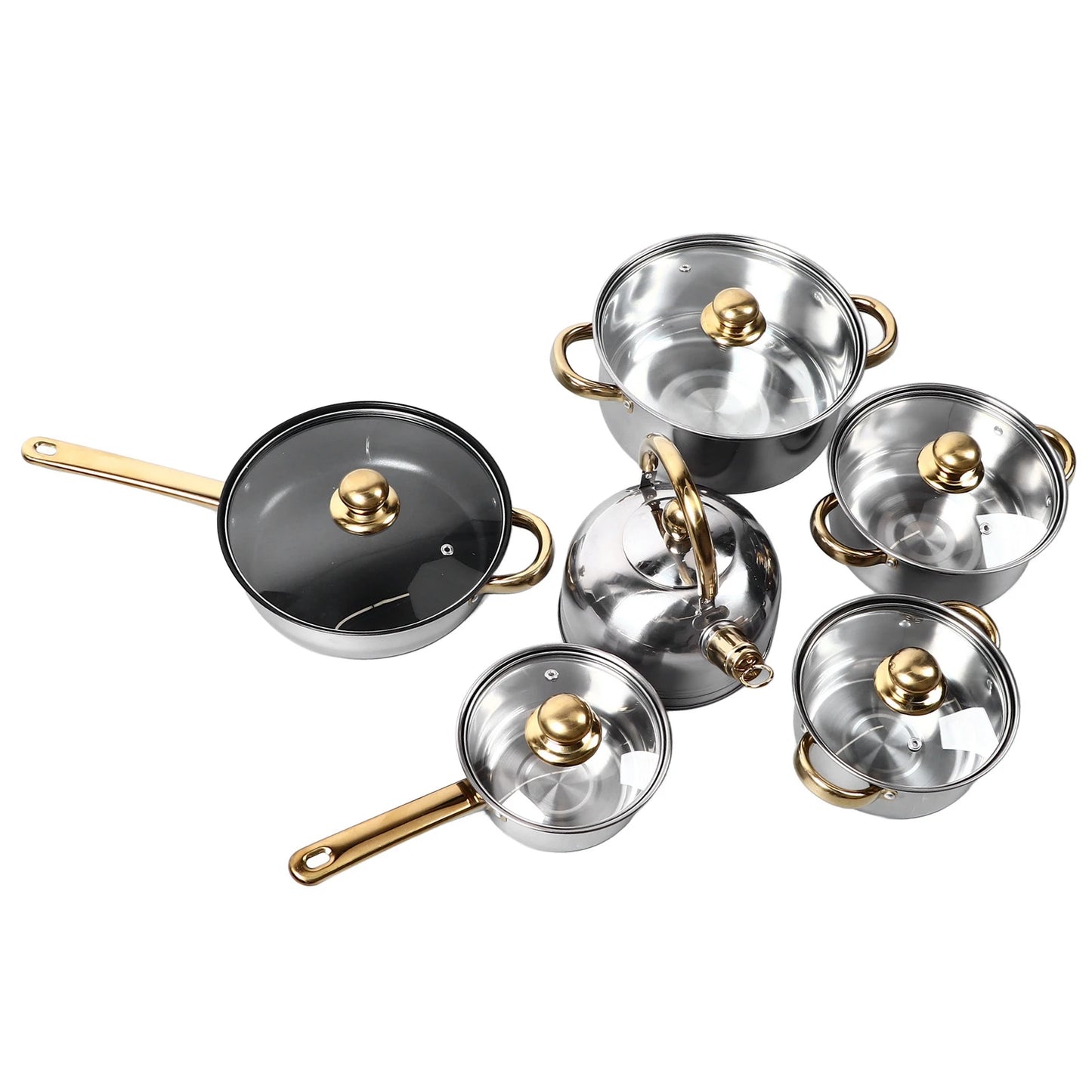 Elegantes Edelstahl-Kochgeschirr Set 12-teilig mit Goldgriffen