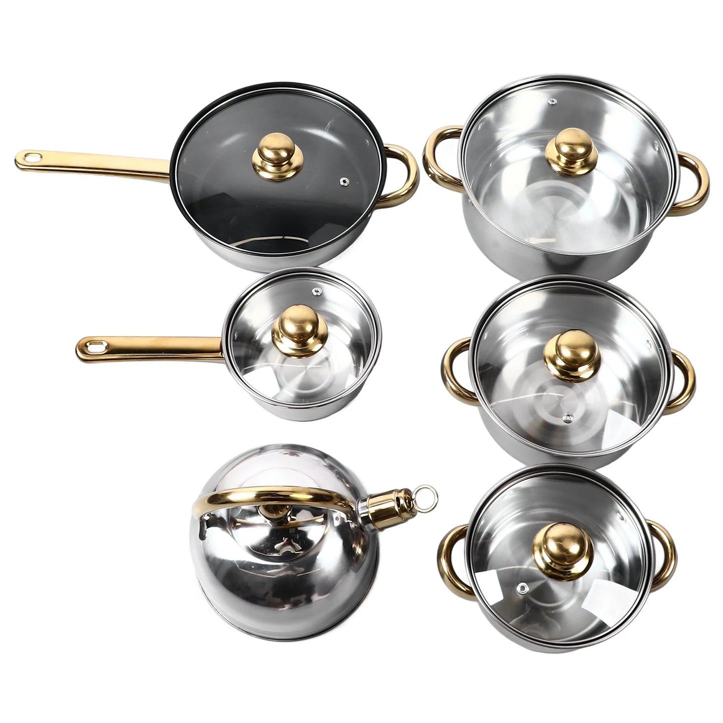 Elegantes Edelstahl-Kochgeschirr Set 12-teilig mit Goldgriffen