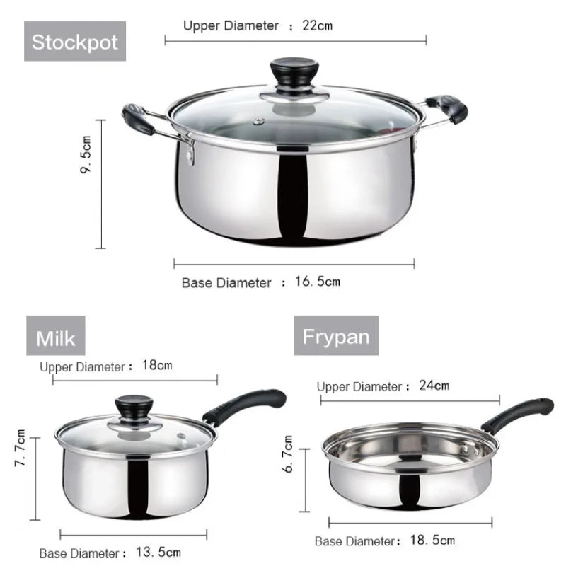 Edelstahl Kochgeschirr Set 3-teilig – KATA Bratpfanne, Schnellkochtopf & Suppentöpfe
