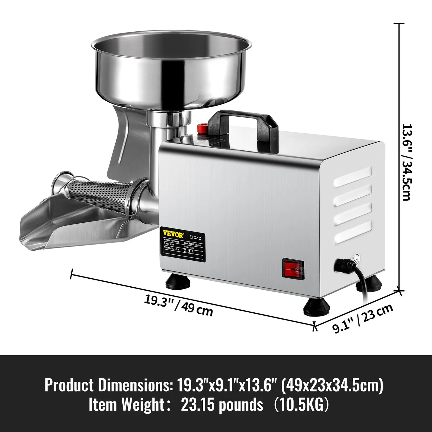 VEVOR Elektrische Fruchtpresse 370W | Edelstahl, Große Trichter für Ketchup & Marmeladen