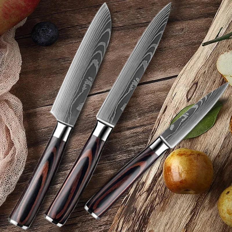 3-teiliges Küchenmesserset aus 7CR17-Edelstahl – Santoku, Cleaver & Utility Messer