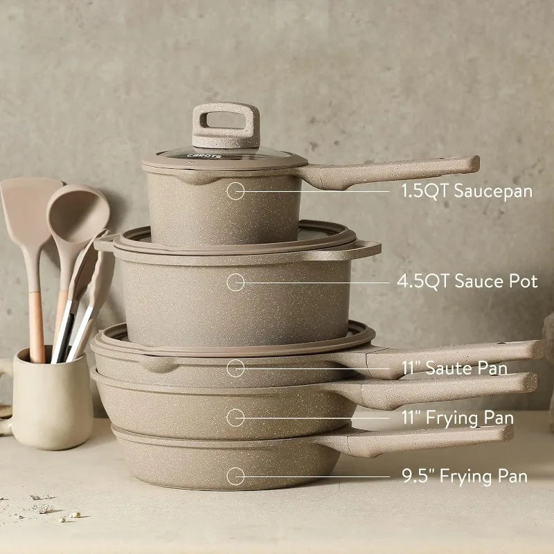 Carote 11-teiliges Anti Haft Kochgeschirr-Set – Taupe Granit, Stapelbar und Induktionsgeeignet