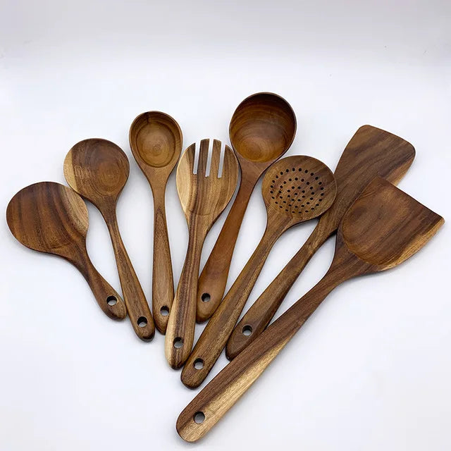 Teakholz Kochutensilien Set 1– 9-teilig, Nachhaltig & Umweltfreundlich