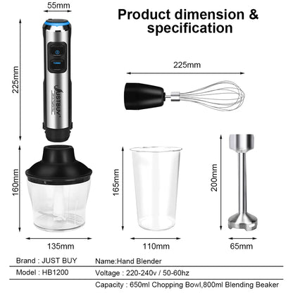JUST BUY Edelstahl Stabmixer 1500W – Handmixer mit Turbo-Modus & stufenloser Geschwindigkeitsregelung