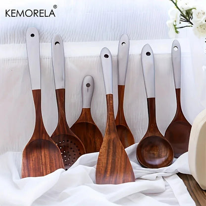 Thailändische Holzlöffel Set 7 Teile – Antihaft Löffel mit Ergonomischen Griffen