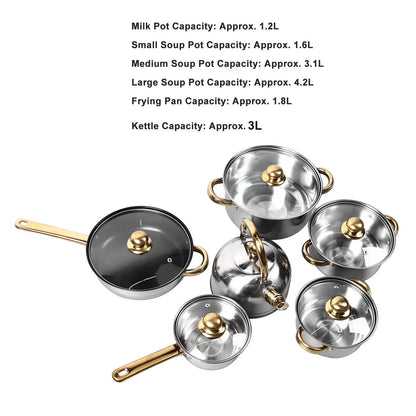 Elegantes Edelstahl-Kochgeschirr Set 12-teilig mit Goldgriffen