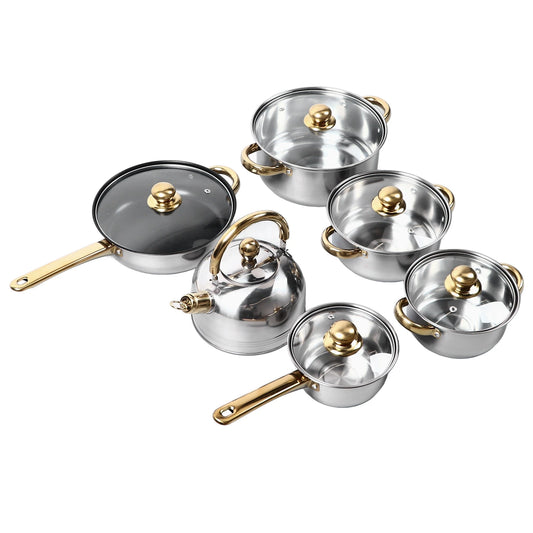 Elegantes Edelstahl-Kochgeschirr Set 12-teilig mit Goldgriffen