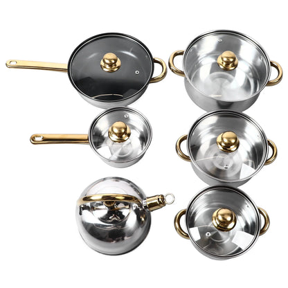Elegantes Edelstahl-Kochgeschirr Set 12-teilig mit Goldgriffen