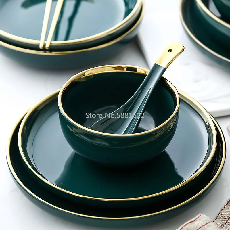 Grüne Keramik Gold Inlay Platte – Elegantes Nordic Geschirr Set