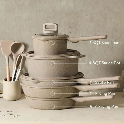 Carote 11-teiliges Anti Haft Kochgeschirr-Set – Taupe Granit, Stapelbar und Induktionsgeeignet